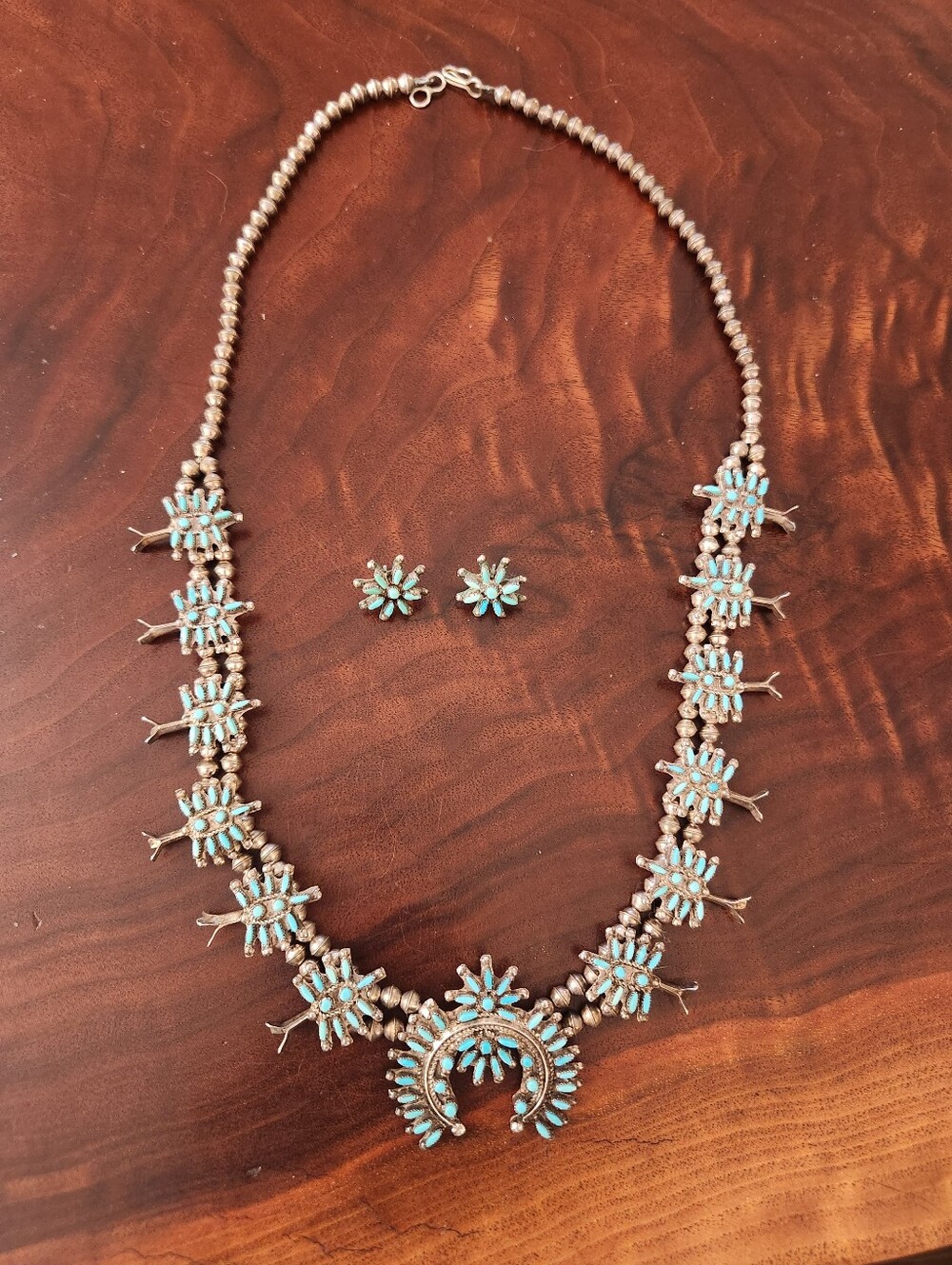 Vintage Genuine Turquoise And Sterling Zuni Squash Blossom Necklace And Earrings